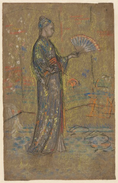 امرأة يابانية ترسم مروحة مستقيمة ، امرأة واقفة تمسك فستانها بالعكس ، ج. 1872. بواسطة جيمس أبوت ماكنيل ويسلر