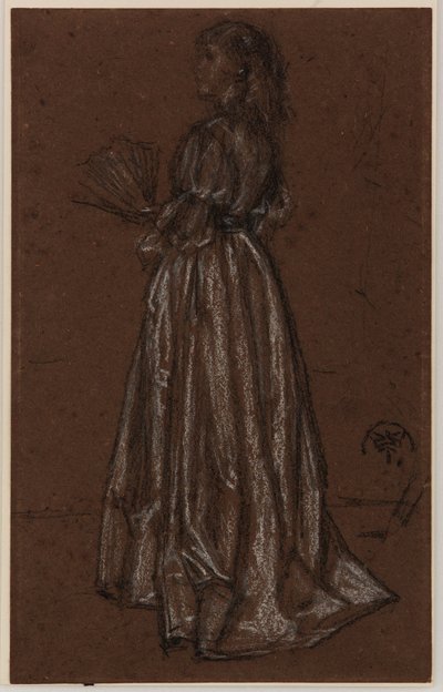 تمثال واقف مع مروحة، حوالي 1873/1876 (طباشير أبيض وأسود على ورق بني) بواسطة James Abbott McNeill Whistler