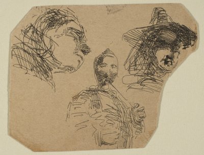 رأسان وشخصية واقفتان من اسكتشات على لوحة مسح الساحل ، 1854-55. بواسطة جيمس أبوت ماكنيل ويسلر