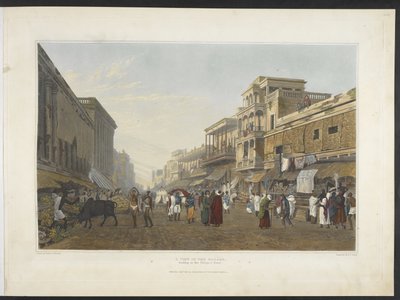 منظر في البازار يؤدي إلى طريق شيتبور ، من "مناظر لكلكتا وضواحيها" 1826 (مائي ملون يدويًا) بواسطة جيمس بيلي (بعد) فريزر