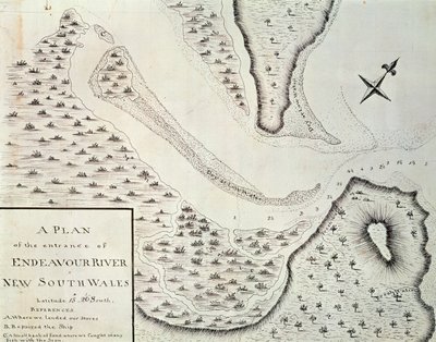 خريطة مدخل نهر إنديفور ، خريطة من حساب الرحلة الأولى التي قادها جيمس كوك (1728-1779) بين 1768 و 1771 ، أستراليا بواسطة جيمس كوك