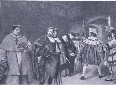 فصل الكاردينال وولسي من قبل الملك هنري الثامن ، من Cassells History of the British People الذي نشرته شركة Waverley Book Company ، c 1950s بواسطة جيمس درومجول لينتون