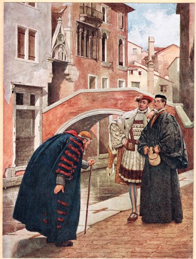 "مع التنفس المتأخر والتواضع الهامس" ، رسم توضيحي من "تاجر البندقية" ، ج .1910 بواسطة جيمس درومجول لينتون
