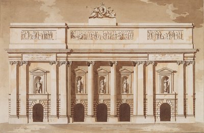الارتفاع للواجهة الغربية من مبنى البرلمان ، دبلن ، c.1787 (القلم والفرشاة بالحبر البني والمرحاض على ورق مسدود) بواسطة جيمس جاندون