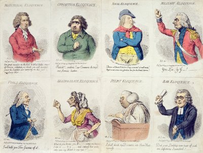 8 نقوش صغيرة تصور بلاغة ، نشرتها هانا همفري في عام 1795 (النقش الملون يدويًا) بواسطة جيمس جيلراي