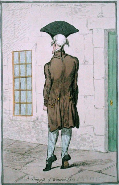 A Burgess of Warwick Lane ، الذي نشرته هانا همفري في عام 1795 (نقش ملون يدويًا) بواسطة جيمس جيلراي