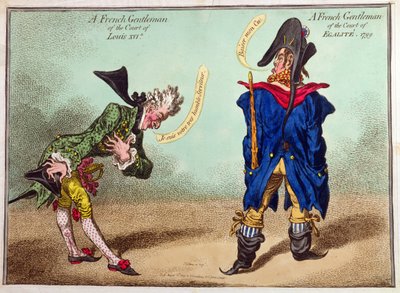 رجل فرنسي من محكمة لويس السادس عشر ورجل فرنسي من محكمة إيجاليت ، نُشر عام 1799 (حفر يدوي اللون) بواسطة جيمس جيلراي
