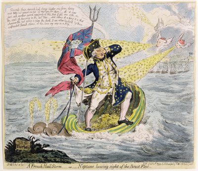 عاصفة حائل فرنسية ، أو نبتون تفقد البصر عن أسطول بريست ، نشرته هانا همفري في عام 1793 (النقش الملون يدويًا) بواسطة جيمس جيلراي