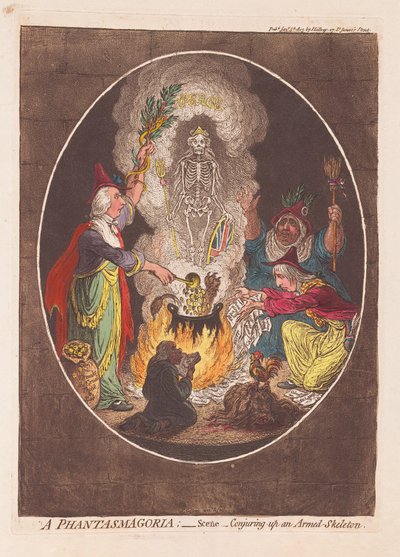 A Phantasmagoria: Scene - استحضار هيكل عظمي مسلح ، حانة. 1803 (نقش ملون يدوي) بواسطة جيمس جيلراي