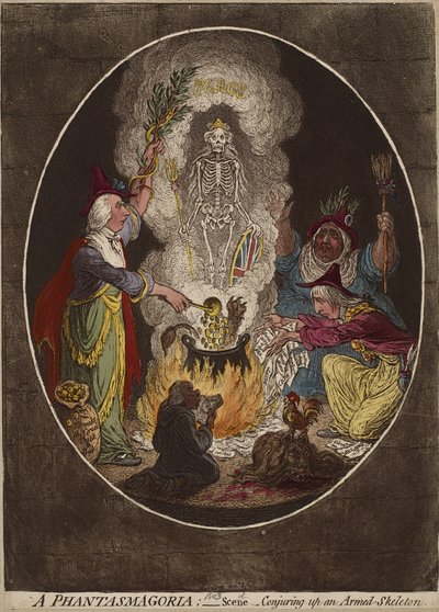 فانتاسموجوريا. - مشهد - استحضار هيكل عظمي مسلح ، 5،1803 يناير (نقش ملون يدويًا ونقش مائي على ورق منسوج) بواسطة جيمس جيلراي
