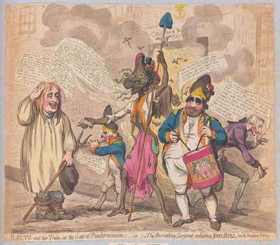 Alecto وقطارها عند بوابة Pandaemonium أو The Recruiting Sarjeant الذي يوجه جون بول إلى خدمة الثورة ، حانة. (نقش يدوي) بواسطة جيمس جيلراي