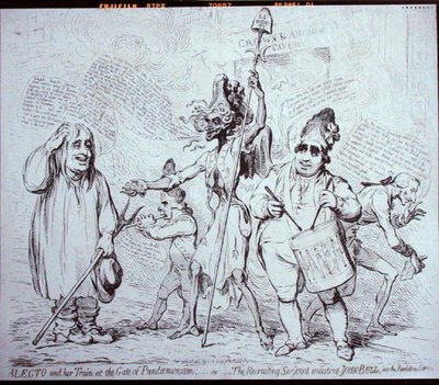 Alecto وقطارها عند بوابة Pandemonium ، أو The Recruiting Serjeant الذي يجند John Bull في خدمة الثورة ، الذي نشرته SW Fores في 1791 (حفر) بواسطة جيمس جيلراي