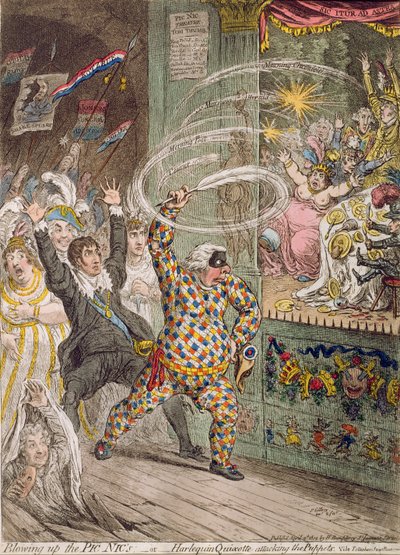 تفجير Pic Nic&39;s ، أو Harlequin Quixotte مهاجمة الدمى ، التي نشرتها هانا همفري في عام 1802 (النقش الملون يدويًا باستخدام aquatint) بواسطة James Gillray