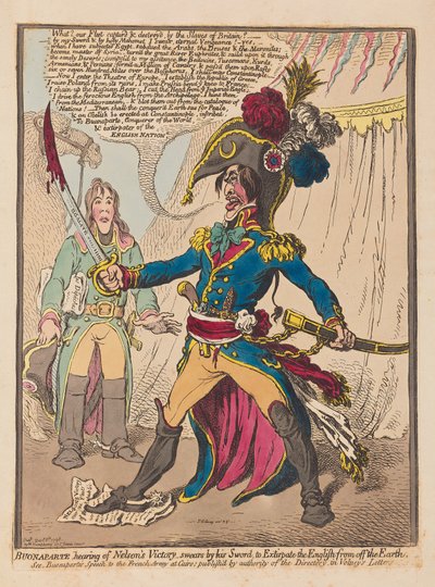 سمع بونابرت عن نيلسون فيكتوري يقسم بسيفه على إبعاد الإنجليزية من الأرض ، حانة. 1798 (نقش يدوي) بواسطة James Gillray