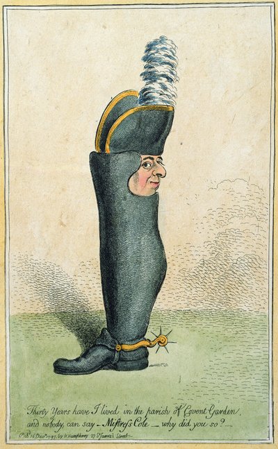 كارتون يصور العقيد جستلي واتسون مع جسد حذاء ، نشرته هانا همفري عام 1797 (حفر يدوي اللون) بواسطة جيمس جيلراي