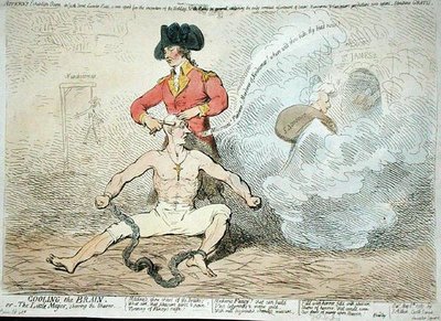 تبريد الدماغ ، أو العمدة الصغير يحلق ماكينة الحلاقة ، الذي نشره جيه أيتكين في عام 1789 (نقش ملون يدويًا) بواسطة جيمس جيلراي
