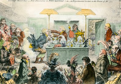 English satire on science: new discoveries in pneumatic materials. Satirical drawing on the enthusiasm for scientific conferences in the 19th century. Engraving by James Gillray (1757-1815) بواسطة جيمس جيلراي