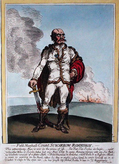 الكونت فيلد مارشال Suwarrow-Rominiskoy (1729-1800) الذي نشرته هانا همفري في عام 1799 (نقش ملون يدويًا) بواسطة جيمس جيلراي