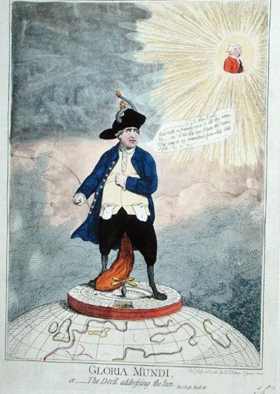 غلوريا موندي ، أو الشيطان يخاطب الشمس ، نشره ويليام همفري عام 1782 (نقش ملون يدويًا) بواسطة جيمس جيلراي