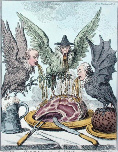 Harpyes Destroying the Feast ، التي نشرتها هانا همفري في عام 1799 (نقش ملون يدويًا) بواسطة جيمس جيلراي