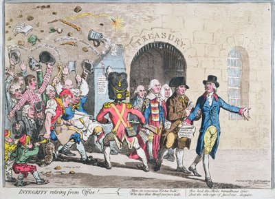 اعتزال النزاهة من المكتب ، نشرته هانا همفري في عام 1801 (النقش الملون يدويًا باستخدام aquatint) بواسطة جيمس جيلراي