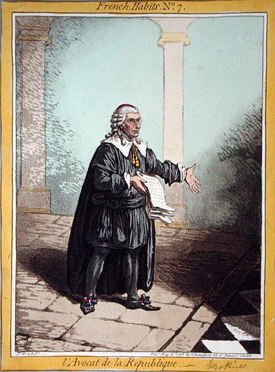 L'Avocat de la Republique ، اللوحة 7 من "العادات الفرنسية" التي نشرتها هانا همفري عام 1798 (نقش ملون) بواسطة جيمس جيلراي