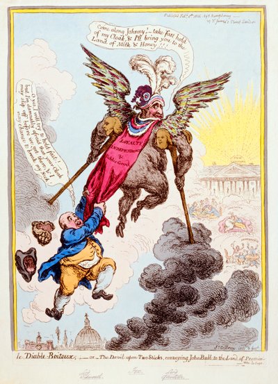Le Diable-Boiteux ، أو الشيطان على اثنين من العصي التي تنقل جون بول إلى أرض الوعد ، نشرتها هانا همفري في عام 1806 (النقش اليدوي) بواسطة جيمس جيلراي