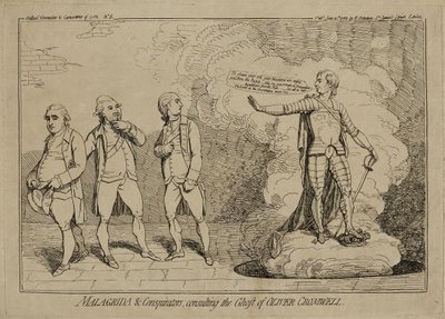 Malagrida and Conspirators ، استشارة شبح أوليفر كرومويل ، نُشرت في 10 يونيو 1782 (النقش على ورق مضغوط مرصع على ورق منسوج) بواسطة جيمس جيلراي