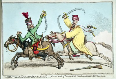 Mamlouk et Hussard Republicain ، أو النتيجة العامة لهجوم بونابرت على حارس إبراهيم بك الخلفي ، نشرته هانا همفري في عام 1799 (النقش اليدوي) بواسطة جيمس جيلراي