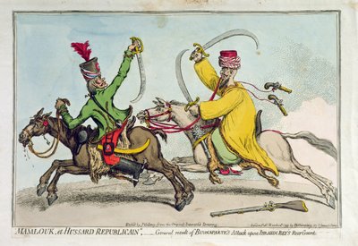 Mamlouk et Hussard Republicain ، أو النتيجة العامة لهجوم Bonaparte على إبراهيم بك (1735-1817) الحرس الخلفي ، نشرته هانا همفري في 1799 (النقش اليدوي) بواسطة جيمس جيلراي