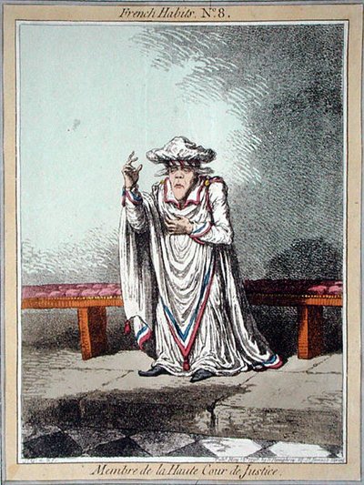 عضو محكمة العدل العليا ، اللوحة 8 من "العادات الفرنسية" التي نشرتها هانا همفري عام 1798 (نقش ملون) بواسطة جيمس جيلراي