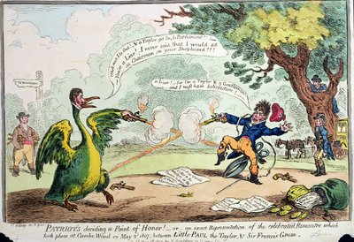 الوطنيون يقررون نقطة الشرف! أو تمثيل دقيق لـ Rencontre الذي أقيم في Coombe Wood في 2 مايو 1807 بين Little Paul the Taylor und Sir Francis Goose ، نشرته Hannah بواسطة جيمس جيلراي