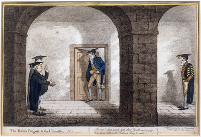 اللوحة 1 من "تقدم Rake&39;s في الجامعة ، التي نشرتها هانا همفري في عام 1806 (النقش الملون يدويًا) بواسطة جيمس جيلراي