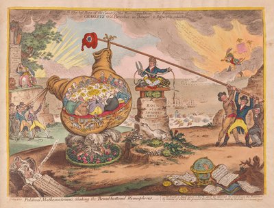 علماء الرياضيات السياسيون يهزون المجلس في قاع نصفي الكرة. 1807 (نقش يدوي) بواسطة جيمس جيلراي