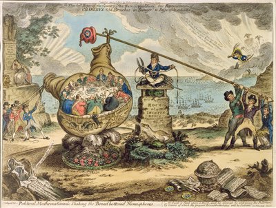 علماء الرياضيات السياسيون يهزون نصف الكرة العريض برودبوتوم ، نشرته هانا همفري في عام 1807 (النقش والنقش) بواسطة جيمس جيلراي
