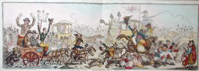 النشر في الانتخابات: مشهد على الطريق إلى برينتفورد ، نشرته هانا همفري عام 1806 (نقش ملون يدويًا) بواسطة جيمس جيلراي
