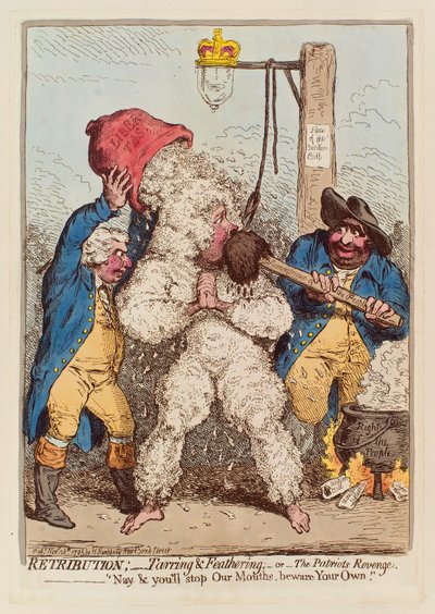 القصاص: Tarring and Feathering ، أو The Patriot's Revenge ، حانة. 1795 نقش ملون باليد. بواسطة جيمس جيلراي