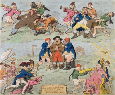 سانس كولوتيس تغذي أوروبا بخبز الحرية ، نشرتها هانا همفري في 1793 (النقش الملون يدويًا) بواسطة جيمس جيلراي