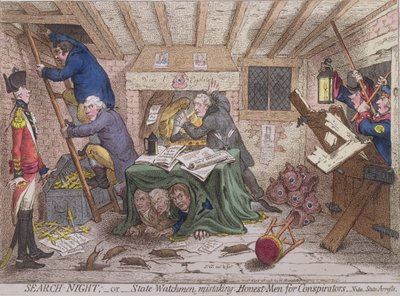 بحث ليلي ، أو The State Watchmen Mistaking Honest-men for Conspirators ، نشرته هانا همفري في 1798 (النقش الملون يدويًا) بواسطة جيمس جيلراي
