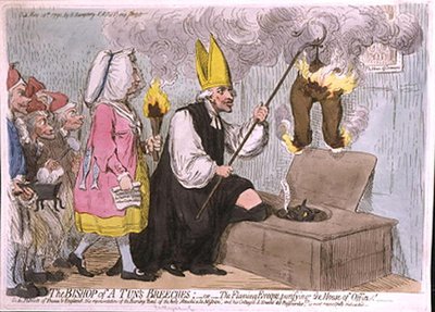 The Bishop of a Tun's Breeches ، أو The Flaming Eveque Purifying House of Office ، الذي نشرته هانا همفري عام 1792 (نقش ملون يدويًا) بواسطة جيمس جيلراي
