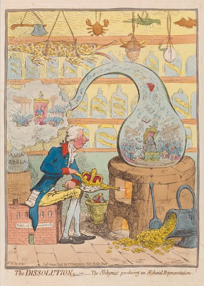 The Dissolution أو The Alchymist إنتاج تمثيل Aetherial ، حانة. 1796 (نقش ملون) بواسطة جيمس جيلراي