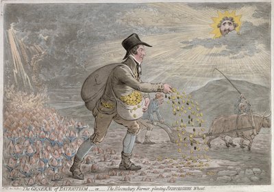 Generae of Patriotism ، أو The Bloomsbury Farmer زرع زراعة Bedfordshire Wheat ، نشرته Hannah Humphrey في عام 1796 (النقش الملون يدويًا) بواسطة جيمس جيلراي