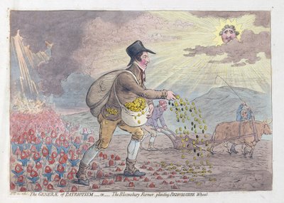 Generae of Patriotism ، أو The Bloomsbury Farmer يزرع Bedfordshire Wheat ، حانة. 1796 (نقش ملون) بواسطة جيمس جيلراي