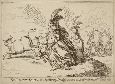 The Gordon Knot or The Bonny-Duchess Hunting the Bedfordshire Bull ، تم نشره في 29 أبريل 1797 (النقش على ورق منسوج) بواسطة جيمس جيلراي