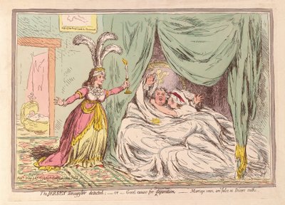 اكتشف جيرسي المهرب ، أو سبب وجيه للانفصال ، نذور الزواج كاذبة مثل قسم Dicers ، حانة. 1796 (نقش ملون) بواسطة جيمس جيلراي