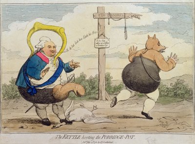 The Kettle Hooting the Porridge-Pot ، نشرته PJ Leatherhead في 1782 (النقش الملون يدويًا) بواسطة جيمس جيلراي