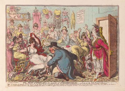 رجل الشعور الذي يبحث عن الأشياء التي لا غنى عنها ؛ مشهد في الحانة الفرنسية Milliners الصغيرة. 1800 (نقش يدوي) بواسطة جيمس جيلراي