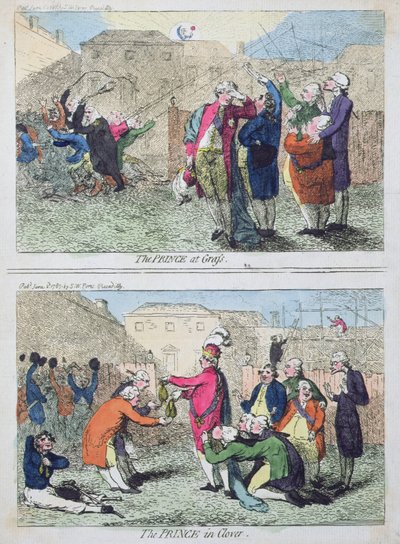 The Prince at Grass and The Prince in Clover ، الذي نشرته SW Fores عام 1787 (نقش ملون يدويًا) بواسطة جيمس جيلراي