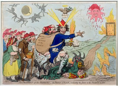 نبي العبرانيين: أمير السلام ينقل اليهود إلى أرض الموعد ، نشرته هانا همفري عام 1795 (حفر يدوي) بواسطة جيمس جيلراي