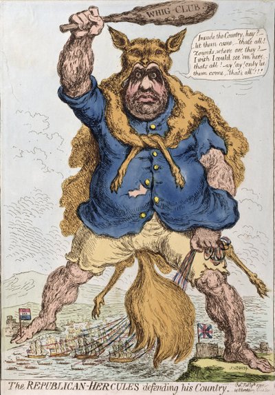 The Republican-Hercules الدفاع عن بلاده ، نشرته هانا همفري في 1797 (النقش اليدوي) بواسطة جيمس جيلراي